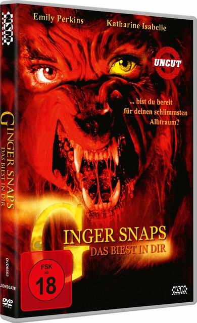DVD-Cover des Films Ginger Snaps. Es zeigt einen knurrenden Werwolf, Blut und Text.