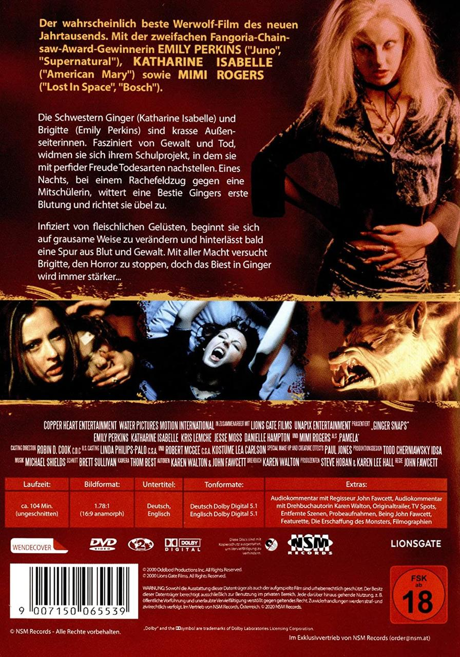 Rückseite der Ginger Snaps DVD. Zeigt Bilder des Films, Text und den Abspann.