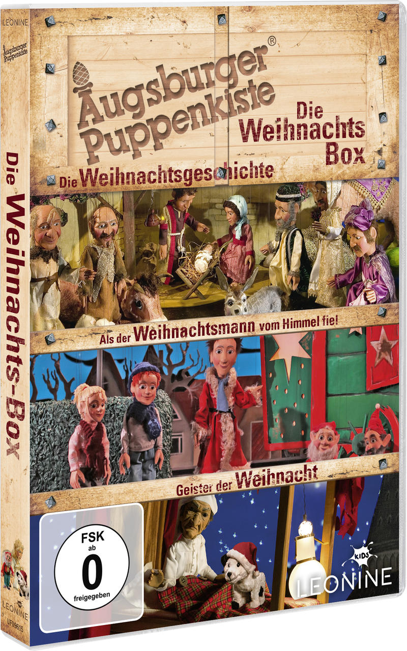 Eine DVD-Box von 'Die Weihnachts-Box' mit Puppenszenen und Text.