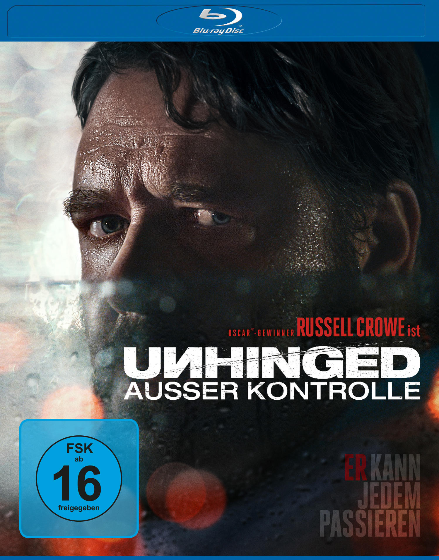 DVD-Cover von 'Unhinged' mit dem Gesicht von Russell Crowe, mit Titel und Release-Info.