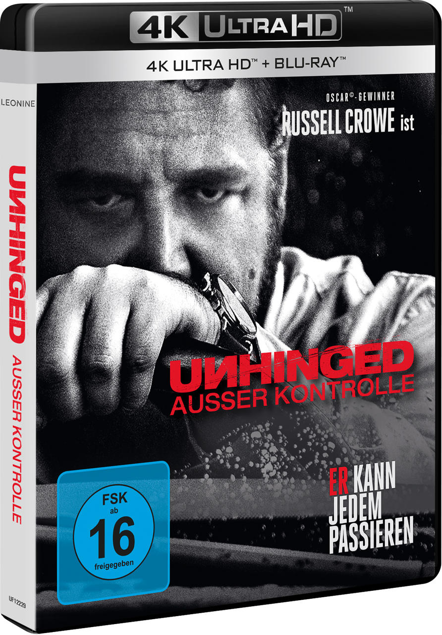 Unhinged Blu-ray-Cover. Gesicht von Russell Crowe, Hand mit Uhr. Text 'Unhinged' und 'Ausser Kontrolle'.