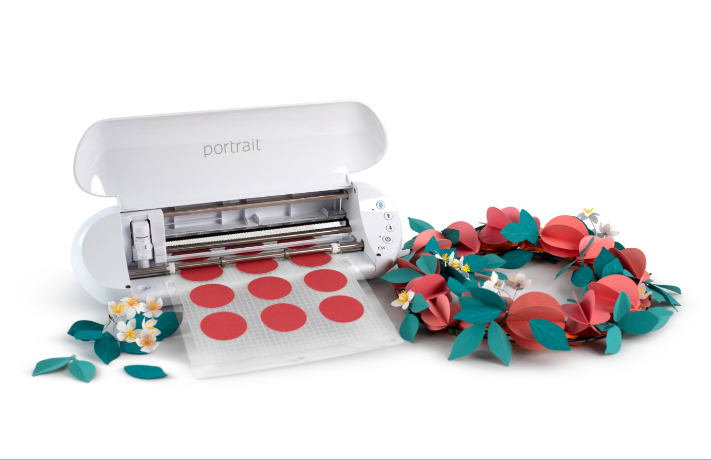 Weiße Silhouette Portrait Schneidemaschine, schneidet rote Kreise, mit Papierblumen-Girlande.