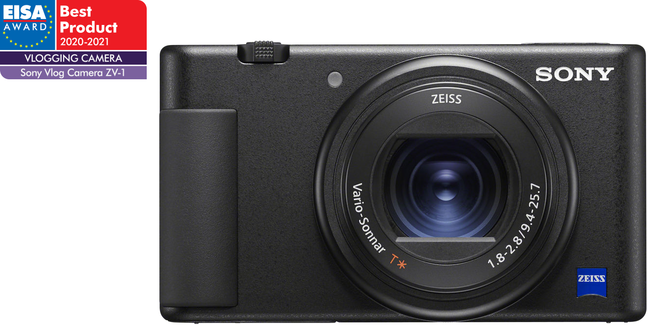 Fekete Sony Vlog ZV-1 kamera, objektívvel és egy legjobb termék díj matricával.