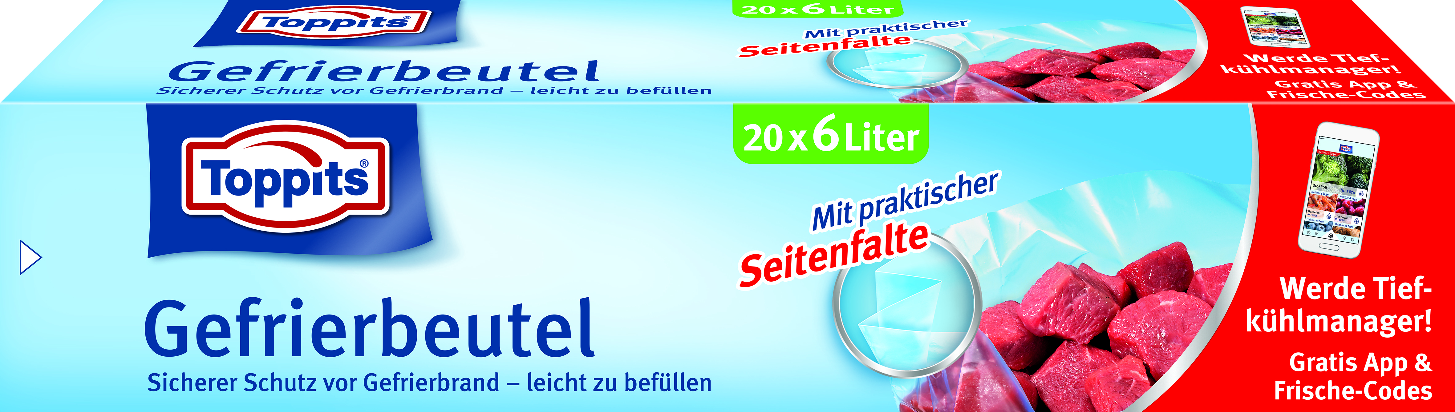 Eine Schachtel mit Toppits Gefrierbeuteln, mit einem Bild von rohem Fleisch und einer Werbegrafik.