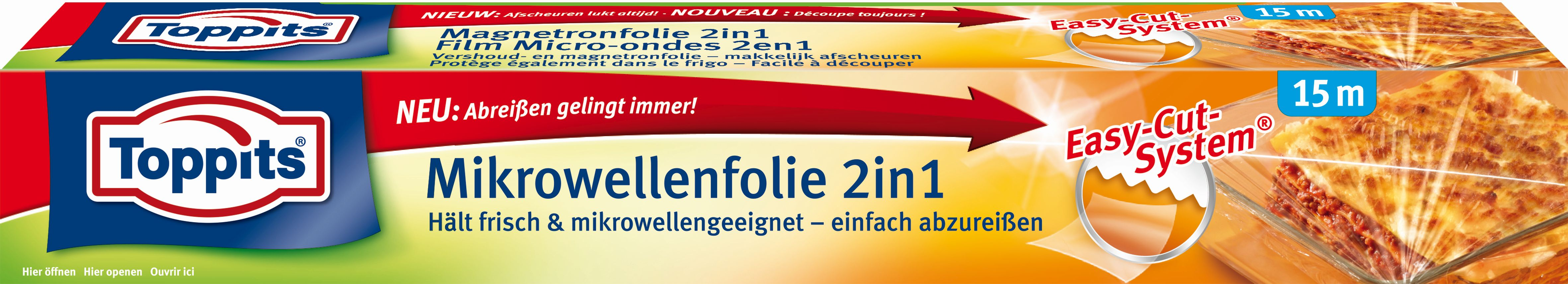 Schachtel mit mikrowellengeeigneter Frischhaltefolie mit Lebensmittelgrafiken und Text.
