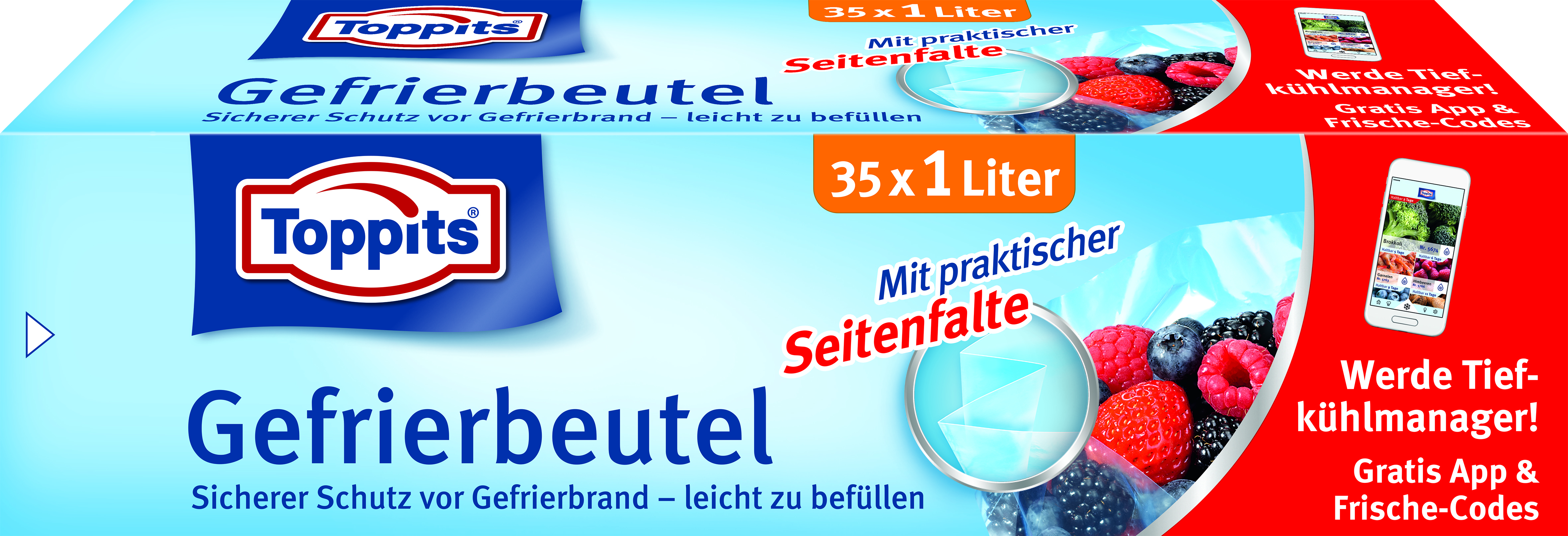 Eine blau-weiße Packung Gefrierbeutel mit Text und Bildern von Beeren.