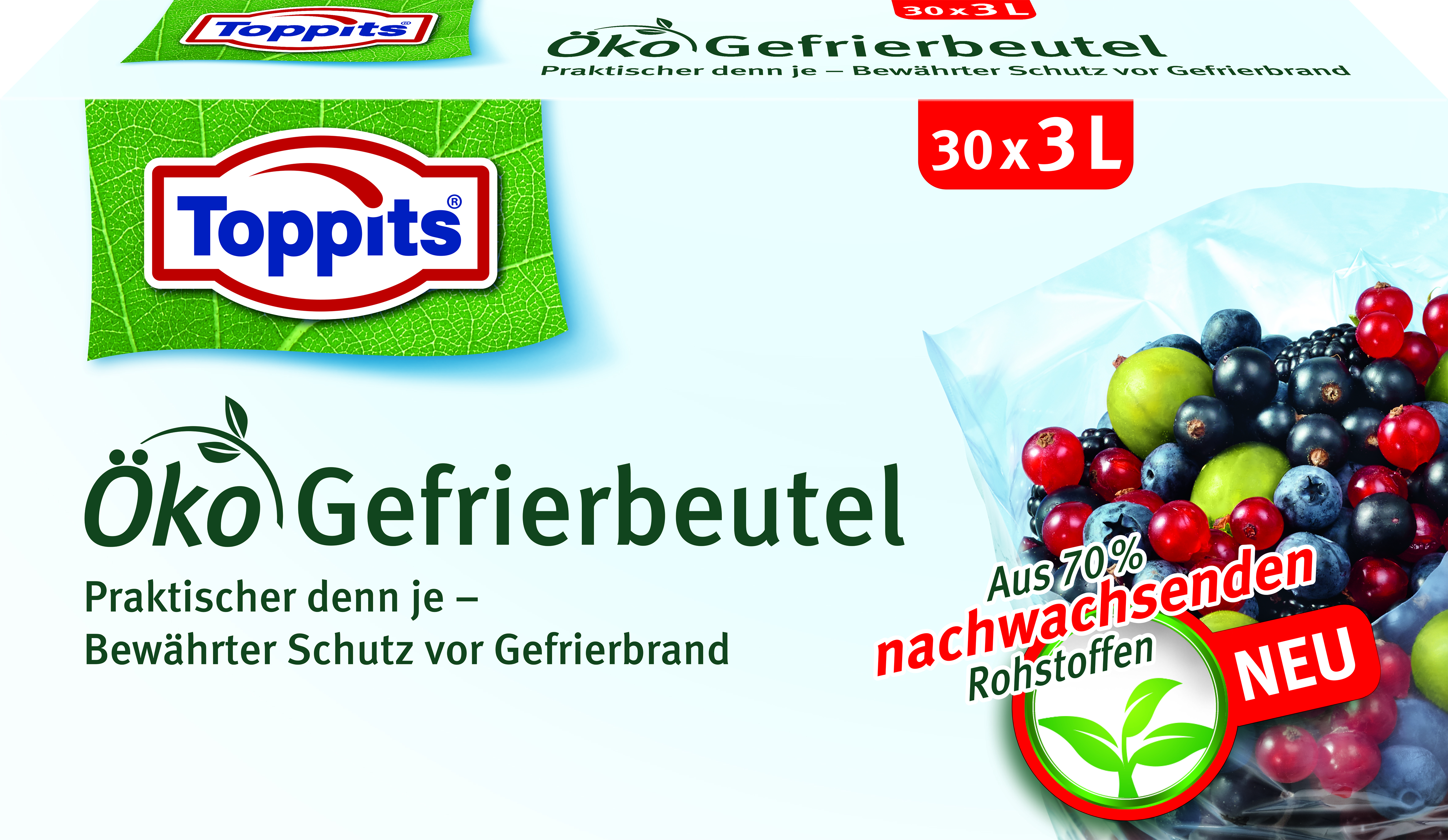 Schachtel mit Gefrierbeuteln mit Früchten darin. Text: Öko Gefrierbeutel. Grünes Blatt und Beeren auf der Schachtel.