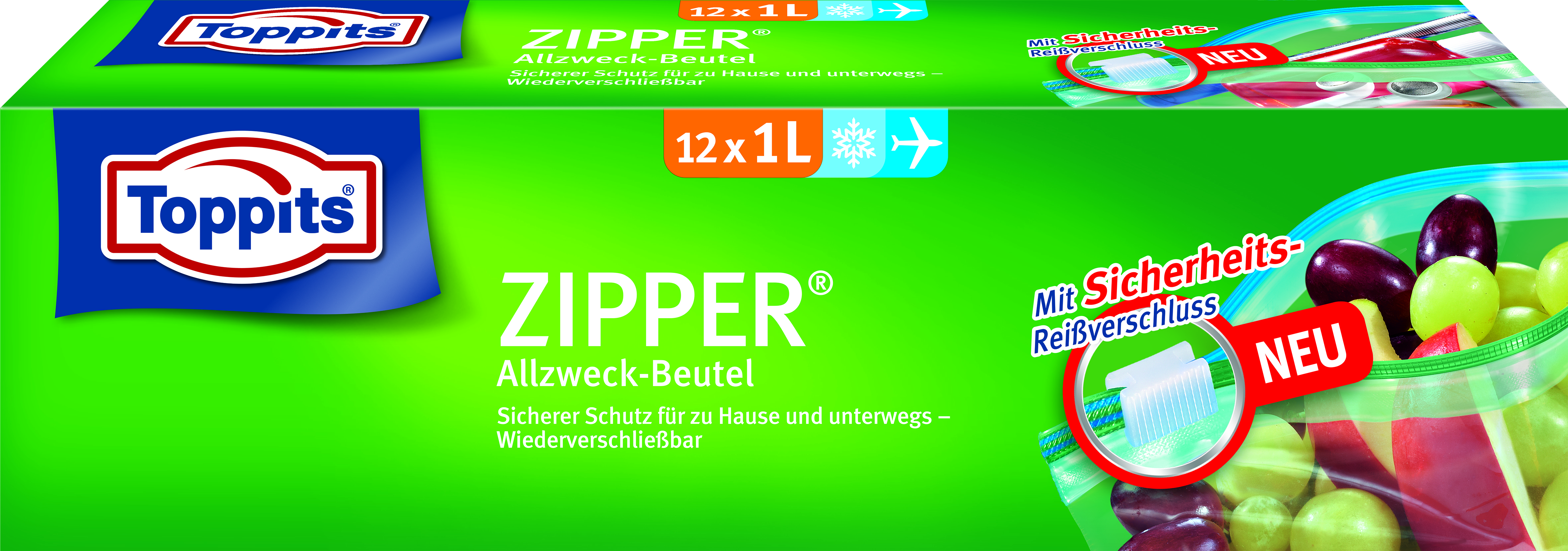 Schachtel mit Toppits Zipper-Beuteln, grün und weiß, mit Foto eines Beutels mit Obst.