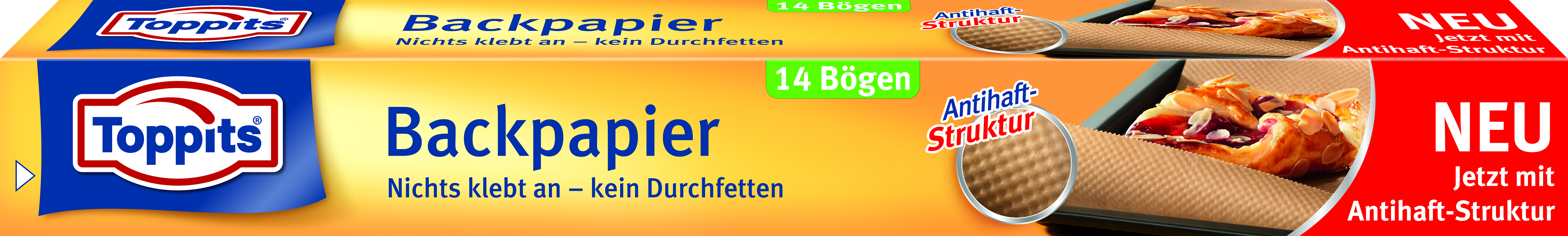 Zwei Packungen 'Toppits Backpapier' Backpapier, mit Text und Bildern von Backwaren. Rote und gelbe Farben.