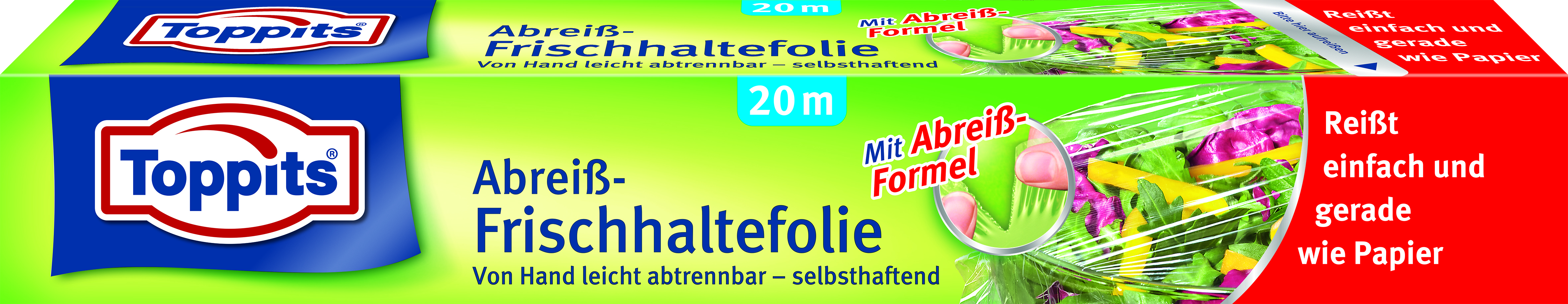 Grüne und weiße Plastikverpackung. Text und Bilder von verpackten Lebensmitteln. Weißer Hintergrund.