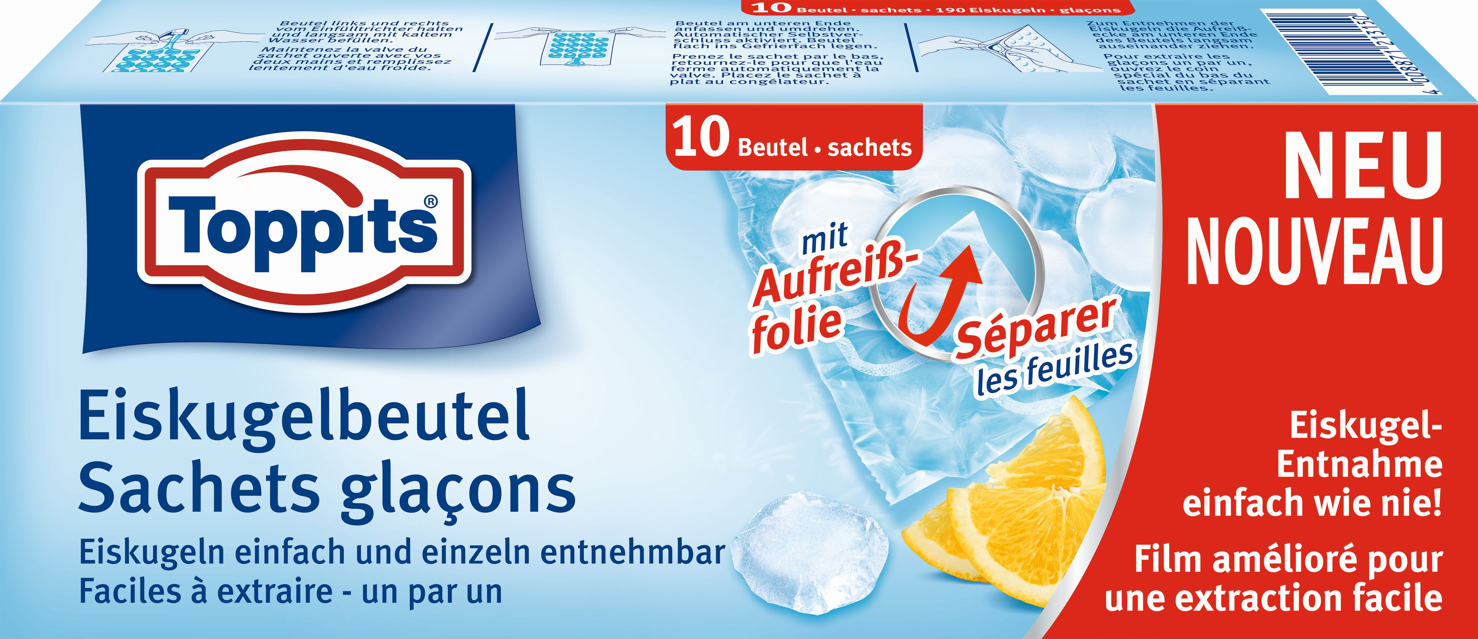 Blau-weiße Toppits Eiswürfelbeutel-Verpackung. Enthält Eiswürfel, Zitronenscheiben und Text auf Deutsch.