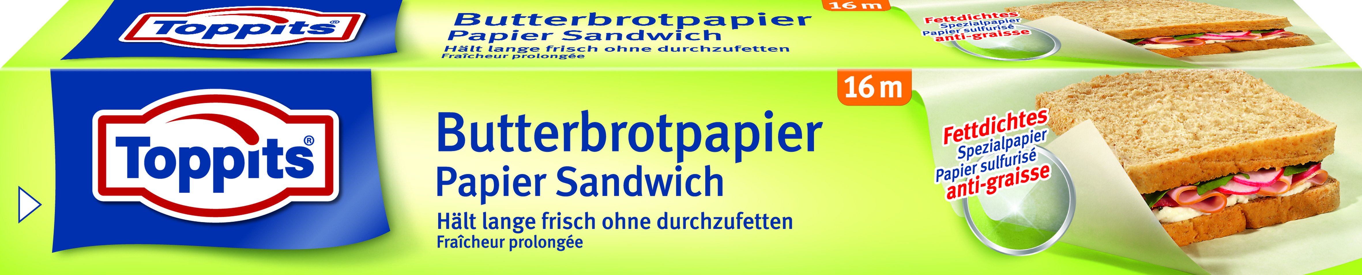 Das Bild zeigt eine Packung Sandwichpapier, ein Sandwich und Text auf Deutsch und Französisch. Die Marke ist Toppits.