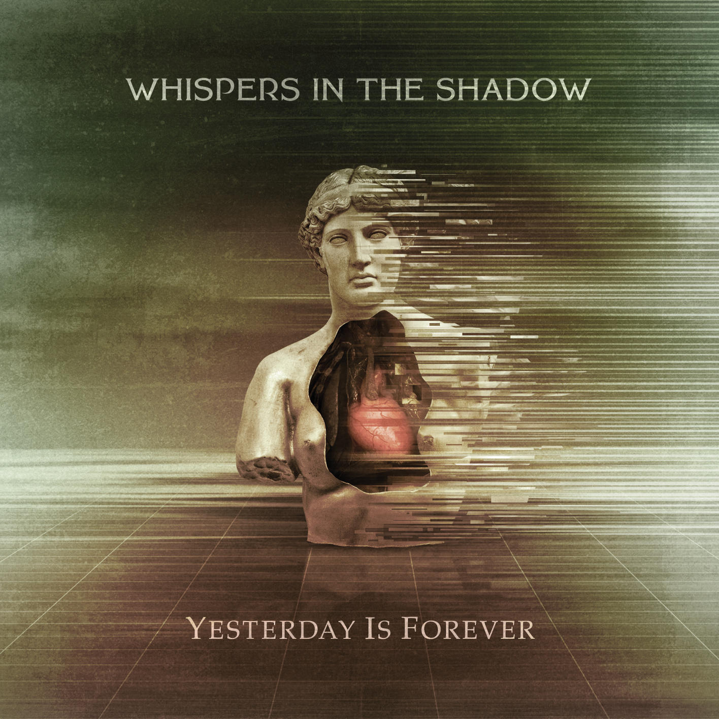 Albumcover mit Statue, rotem Herz und Text 'Yesterday Is Forever'.