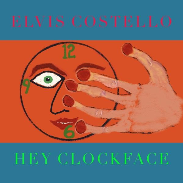 Pochette d'album. Un visage de soleil avec une main qui couvre son œil. Texte : Hey Clockface. Fond orange et bleu.