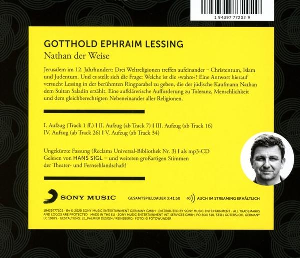 CD-Cover mit gelbem Hintergrund, Text und Porträt eines Mannes. Titel: Nathan der Weise. Details zu Religionen und Sony Music-Logo vorhanden.