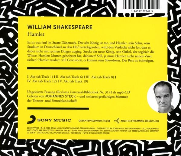 Rückseite einer CD mit Text über William Shakespeares Hamlet. Enthält ein Foto eines Mannes.