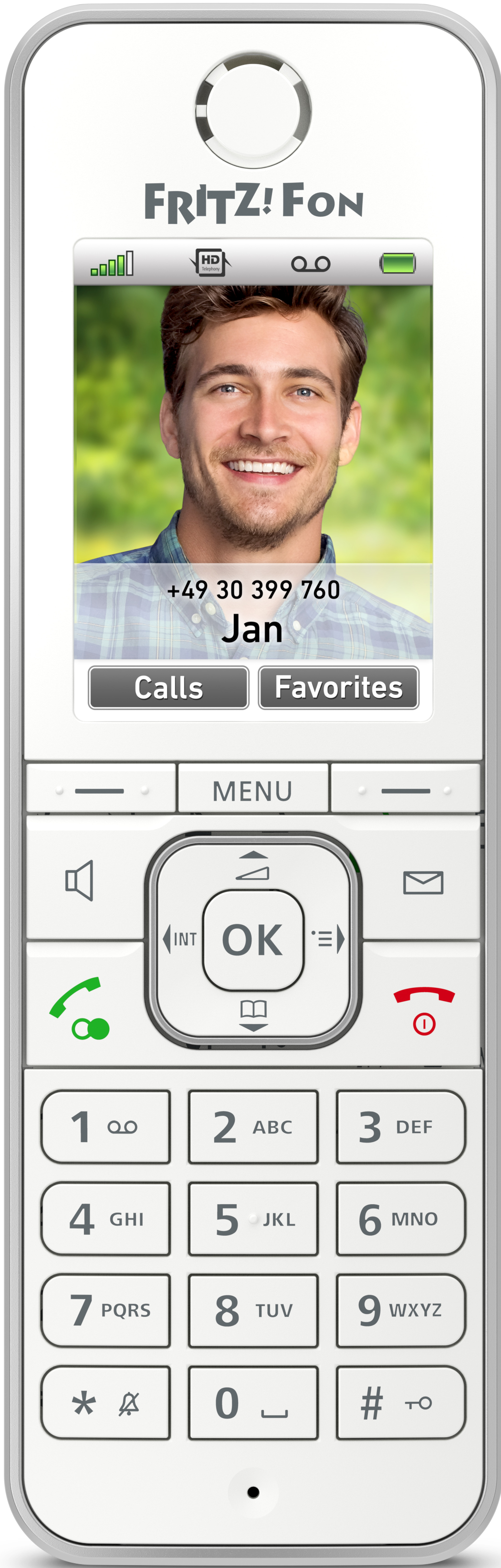 Weißes schnurloses Telefon mit Bildschirm, der ein Männergesicht und Telefonnummer zeigt. Tasten und Menüoptionen.