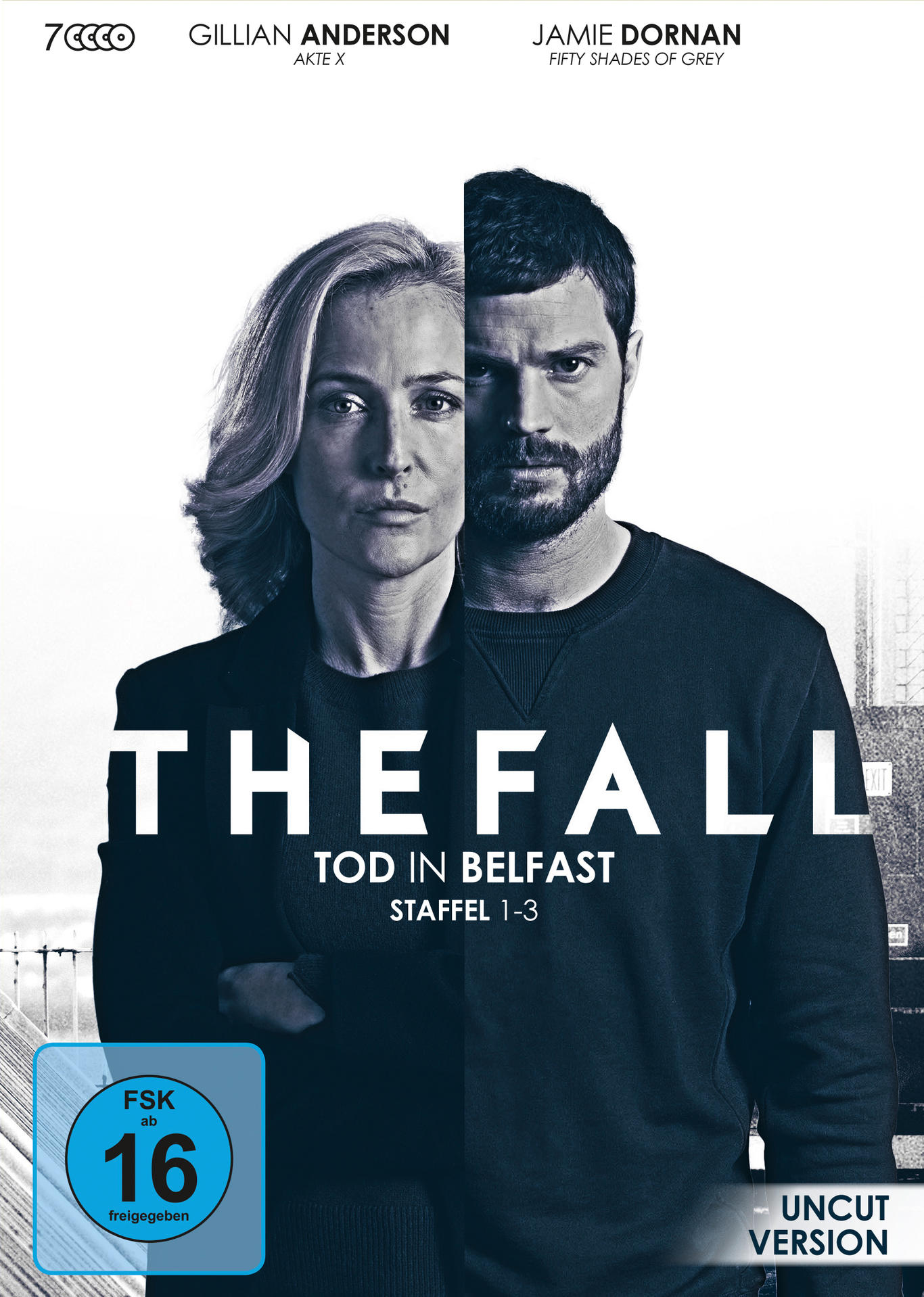 DVD-Cover: Zwei Gesichter. Gillian Anderson und Jamie Dornan. Titel: The Fall. Text auf Deutsch. Freigegeben ab 16.