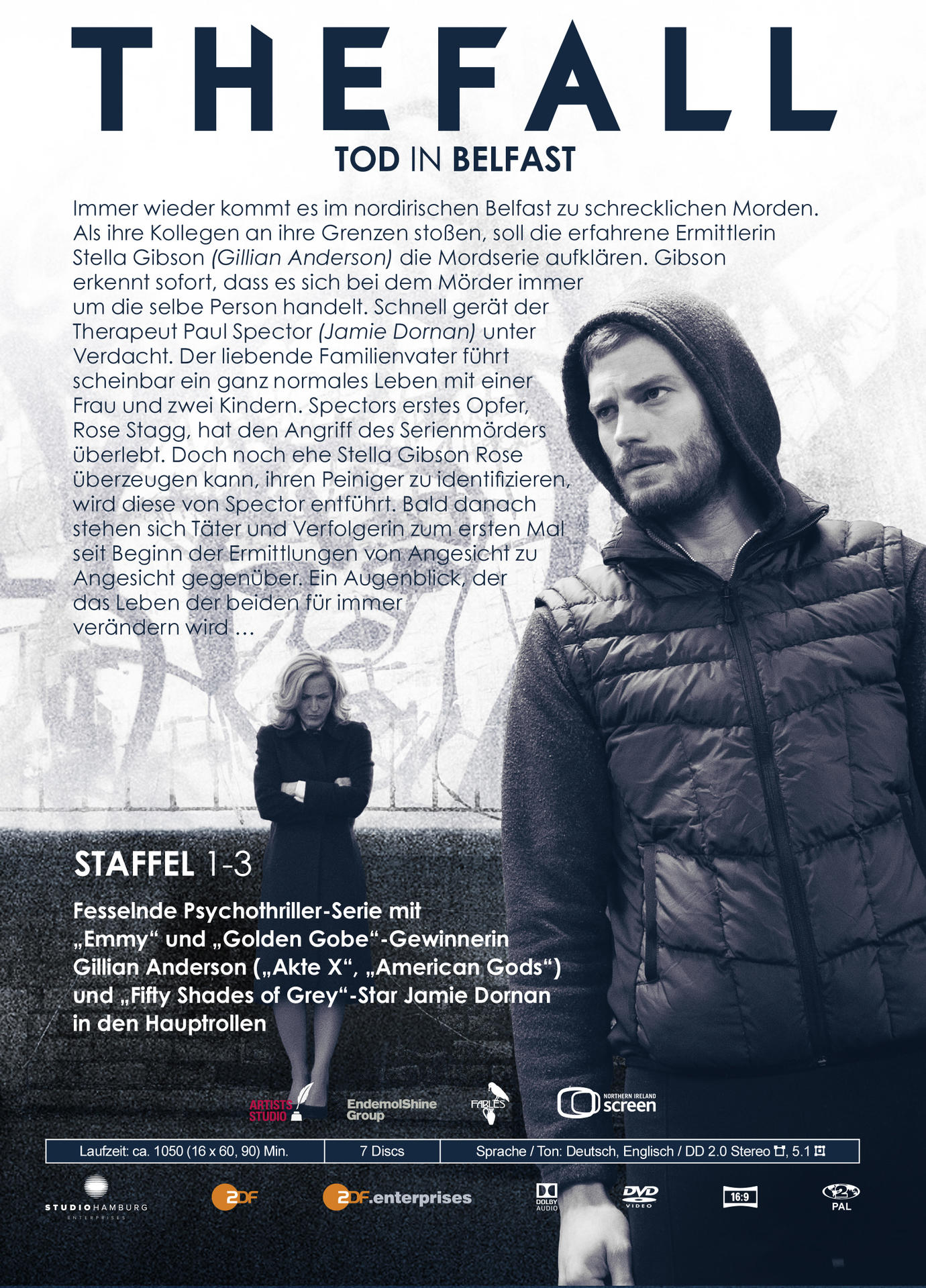 DVD-Cover für die TV-Serie 'The Fall', mit einem Mann und einer Frau.