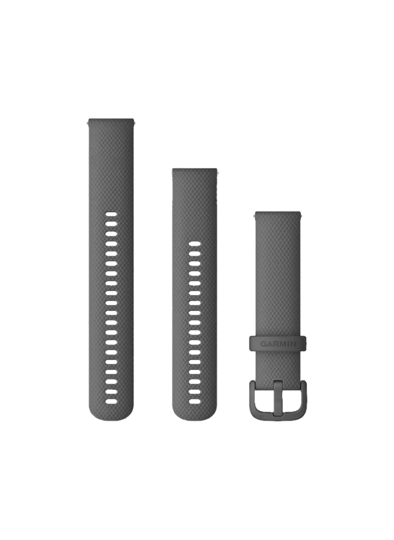 Trois bracelets de montre Garmin gris. Les bracelets sont de différentes tailles et ont de petits trous.