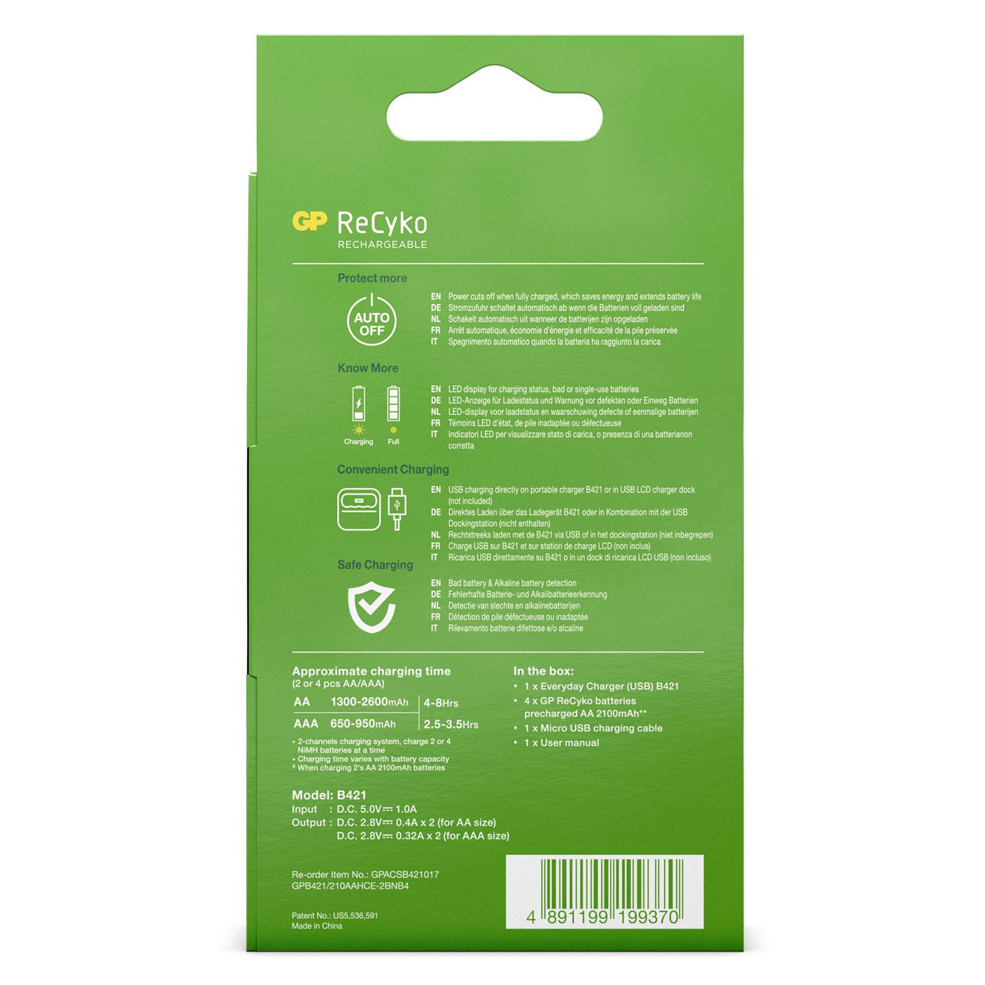 GP GoGreen USB Ladegerät Universal, NiMH, 4x 2100 mAh, Schwarz