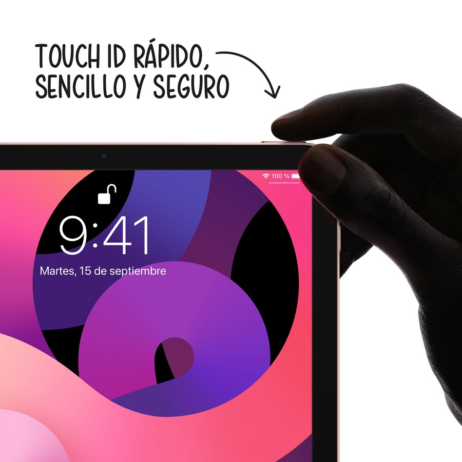 Una mano tocando una pantalla de iPad, con texto: Touch ID rápido, sencillo y seguro.