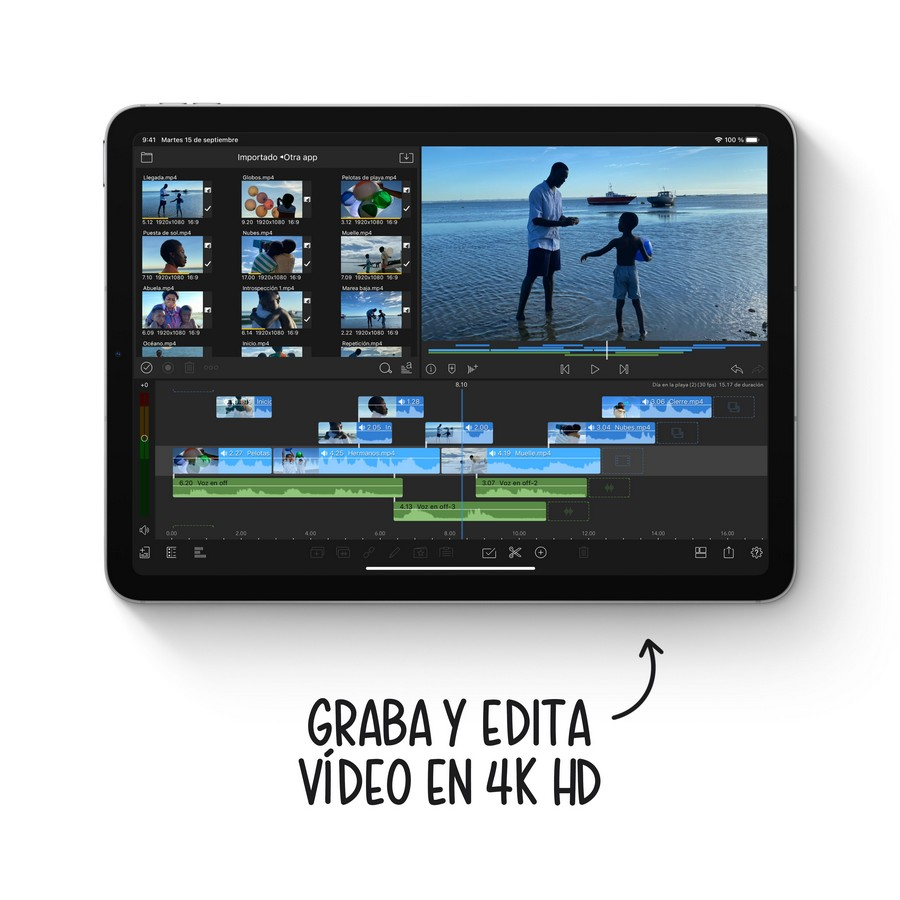 Pantalla de tableta mostrando app de edición de video, con texto: "GRABA Y EDITA VIDEO EN 4K HD".
