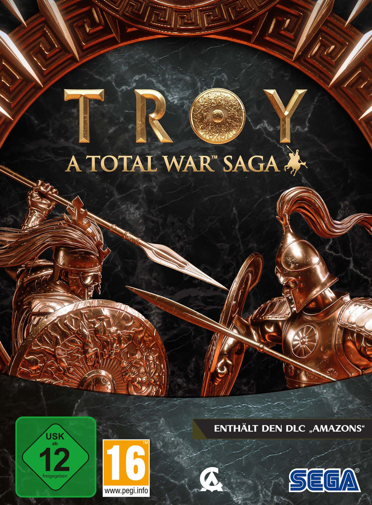 Spielcover für 'Troy: A Total War Saga', mit Kriegern und goldenem Design.