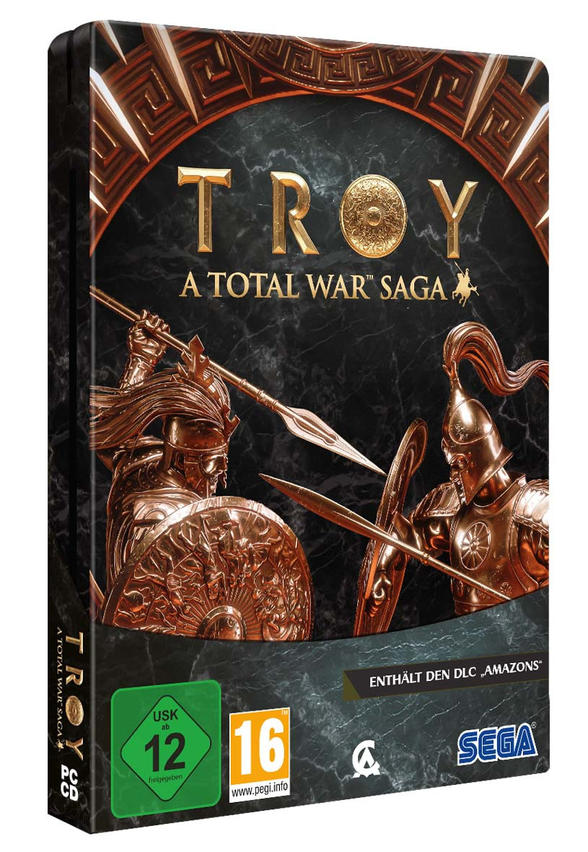 Spielbox für 'Troy: A Total War Saga'. Zeigt Krieger und goldene Akzente.