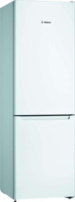 Weißer Bosch-Kühlschrank. Zwei Türen, hohes und schlankes Design. Sauberes und modernes Aussehen.