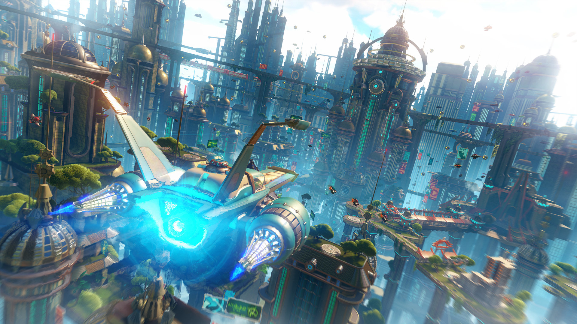 Futuristische Stadt mit einem Flugzeug am hellen Himmel.