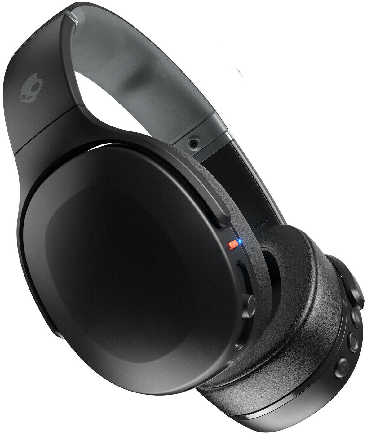 Schwarze Skullcandy-Kopfhörer. Die rechte Seite hat Knöpfe, die linke Seite hat die Lautstärkeregelung.