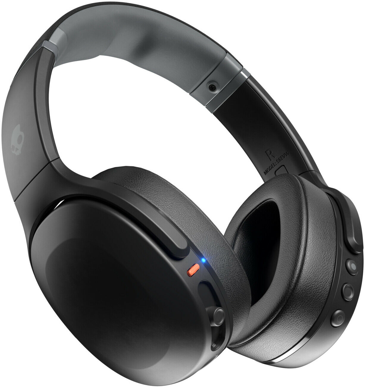 Schwarzer Skullcandy-Kopfhörer. Graues Stirnband, schwarze Ohrmuscheln. Bedienelemente rechts.