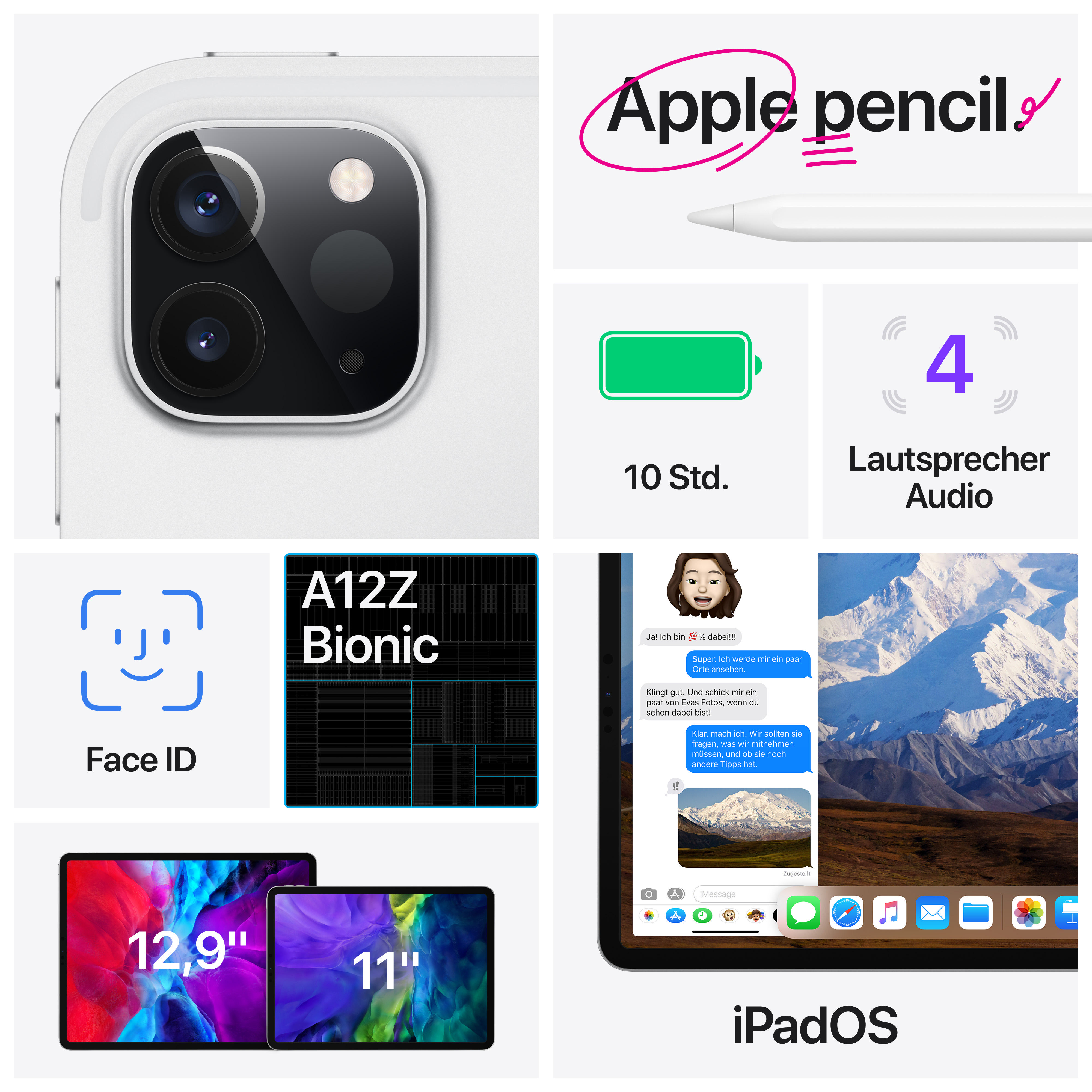 iPad-Funktionen: Apple Pencil, Bildschirm, Face ID, A12Z Bionic, 10 Std. Akku und 4 Lautsprecher Audio.