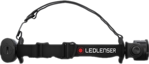 Fekete fejlámpa pánttal és Ledlenser márkanévvel. Oldalnézet, fekete és piros szín.