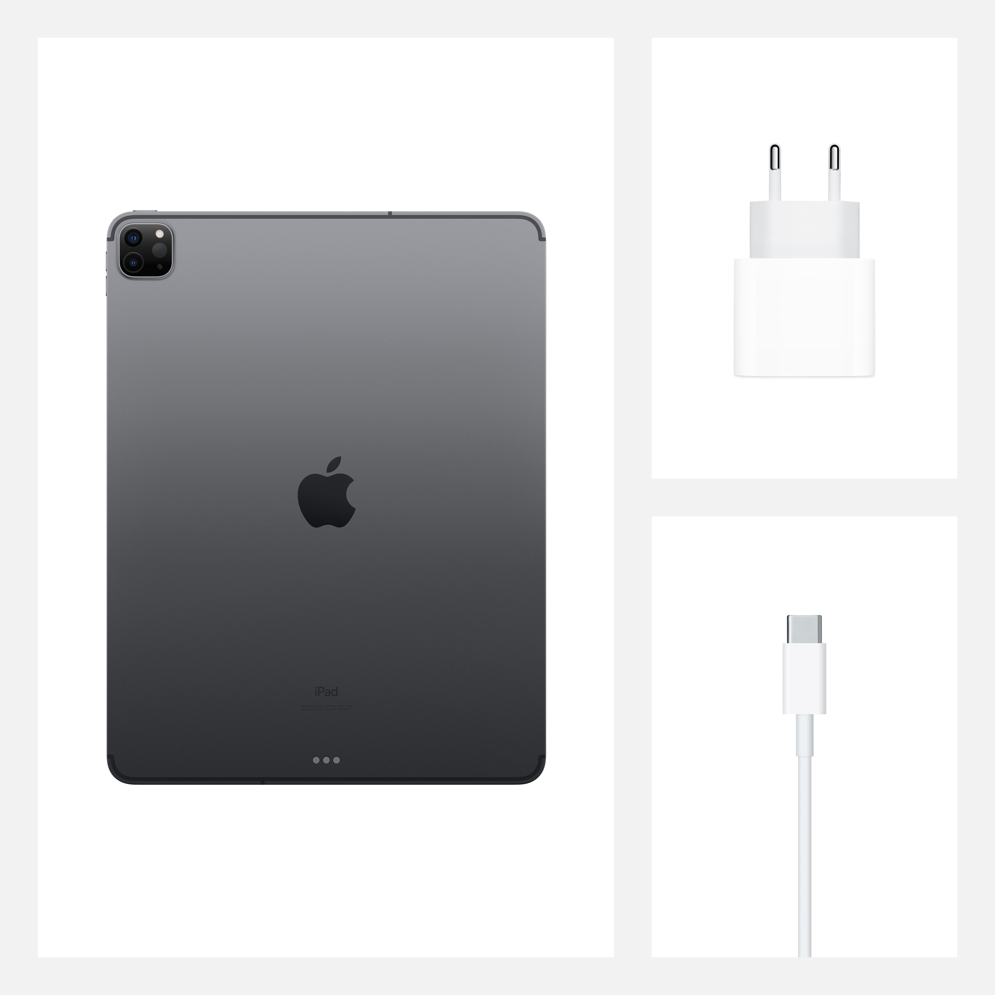 iPad-Rückseite, Ladegerät und Ladekabel auf weißem Hintergrund.