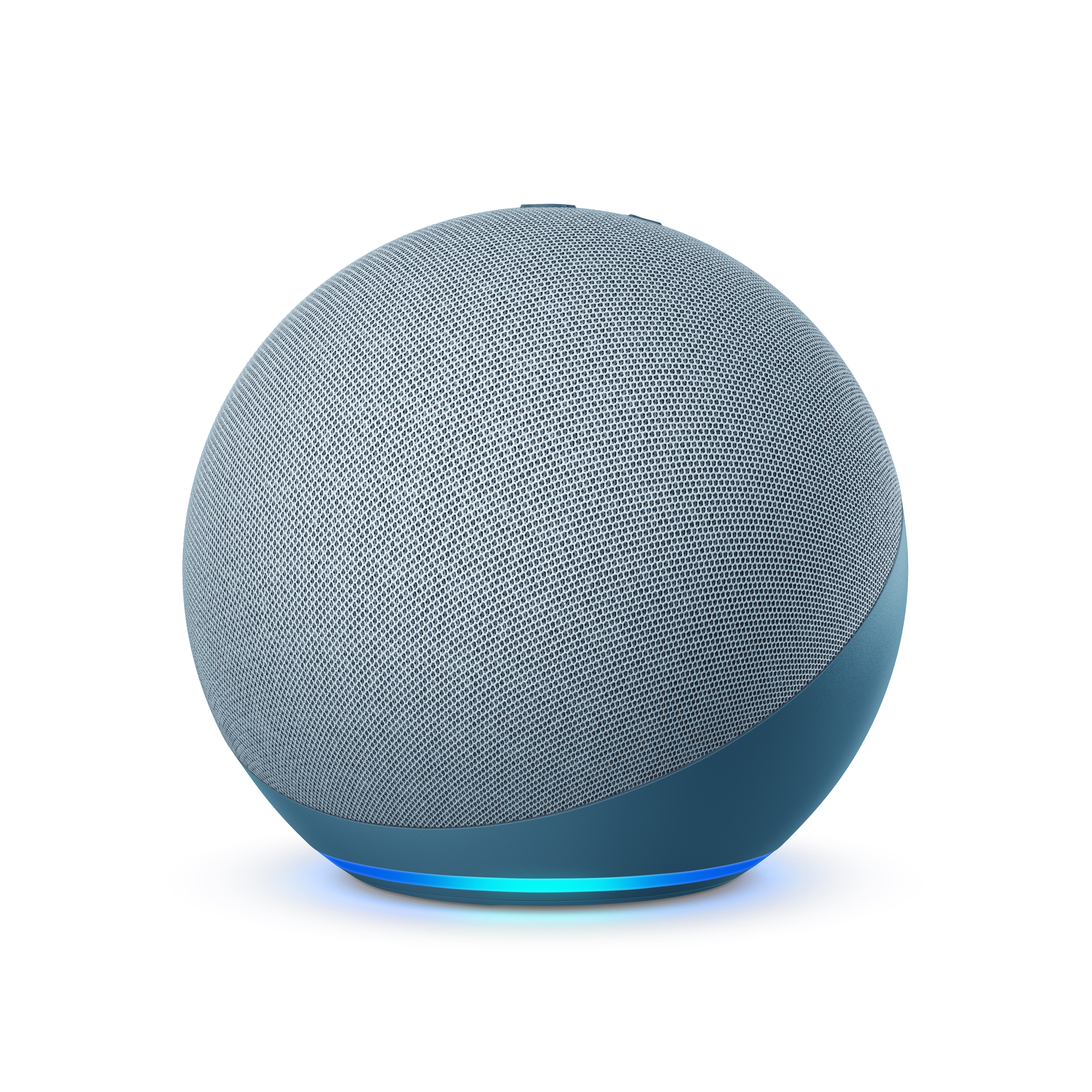 Ein blauer und grauer kugelförmiger Smart Speaker mit blauem Licht am Boden.