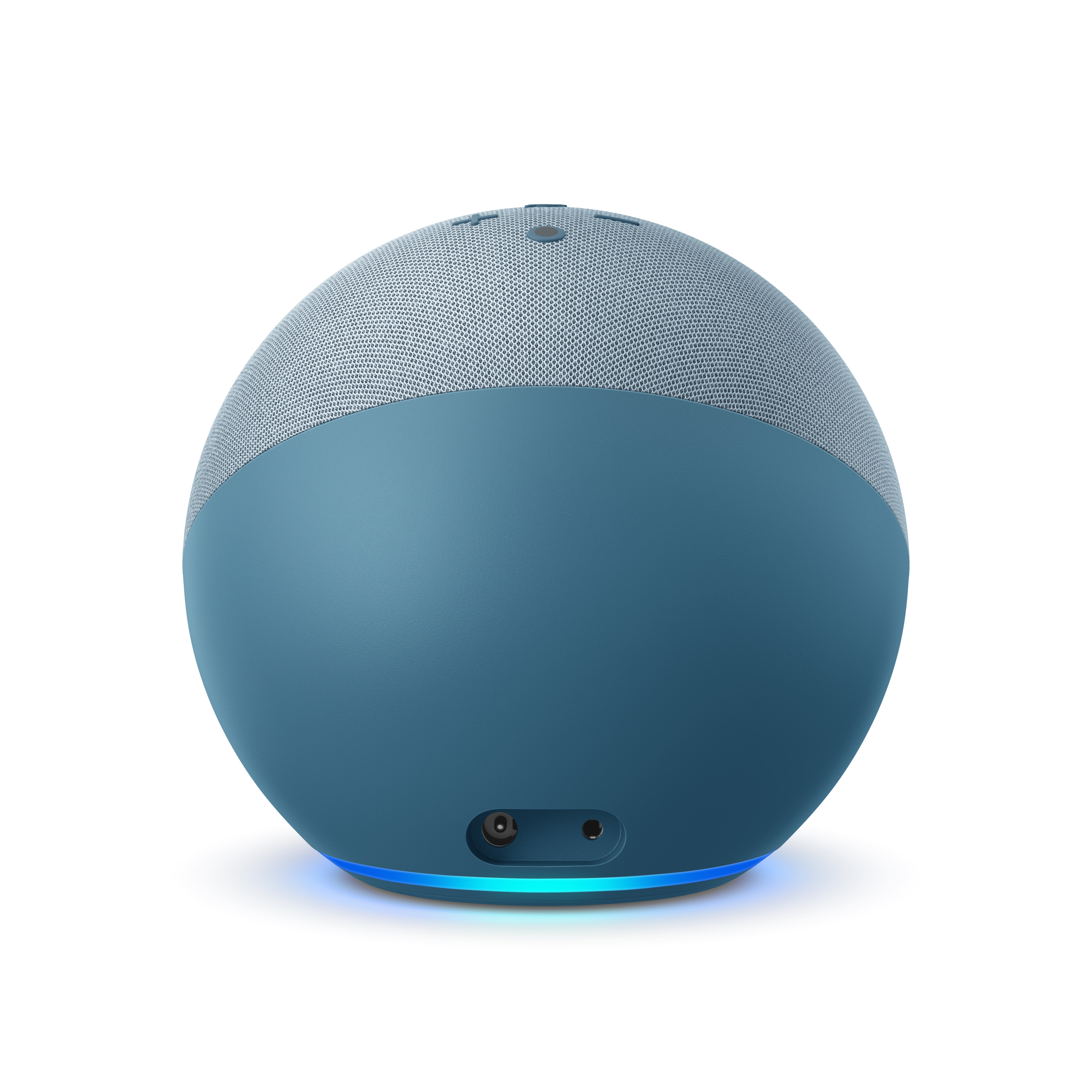 Ein blauer Amazon Echo Dot mit grauem Oberteil und blauem Boden. Das Gerät befindet sich auf weißem Hintergrund.