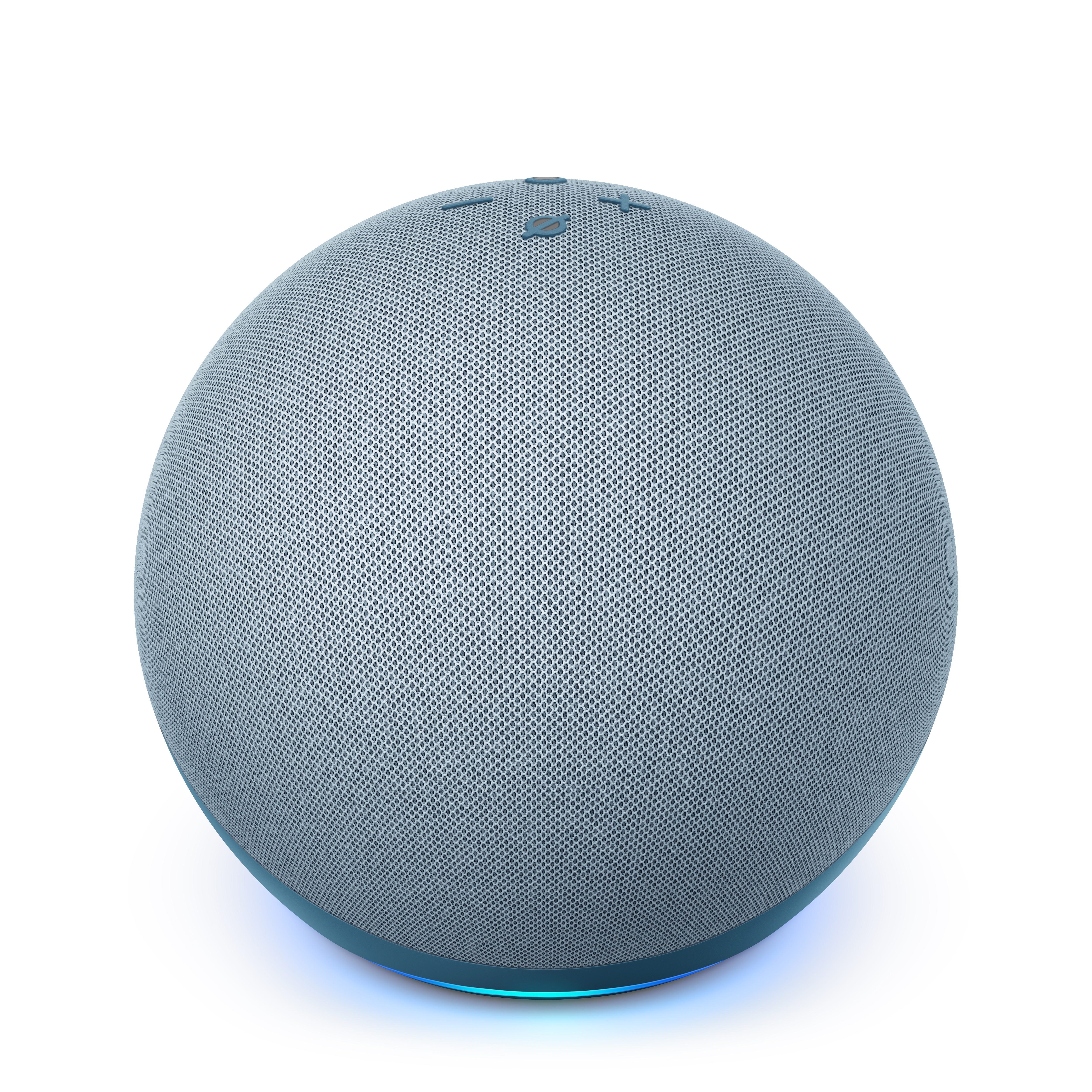 Blauer Amazon Echo Dot, rund und mit Mesh bedeckt. Die Basis ist blau mit einem hellen Ring.