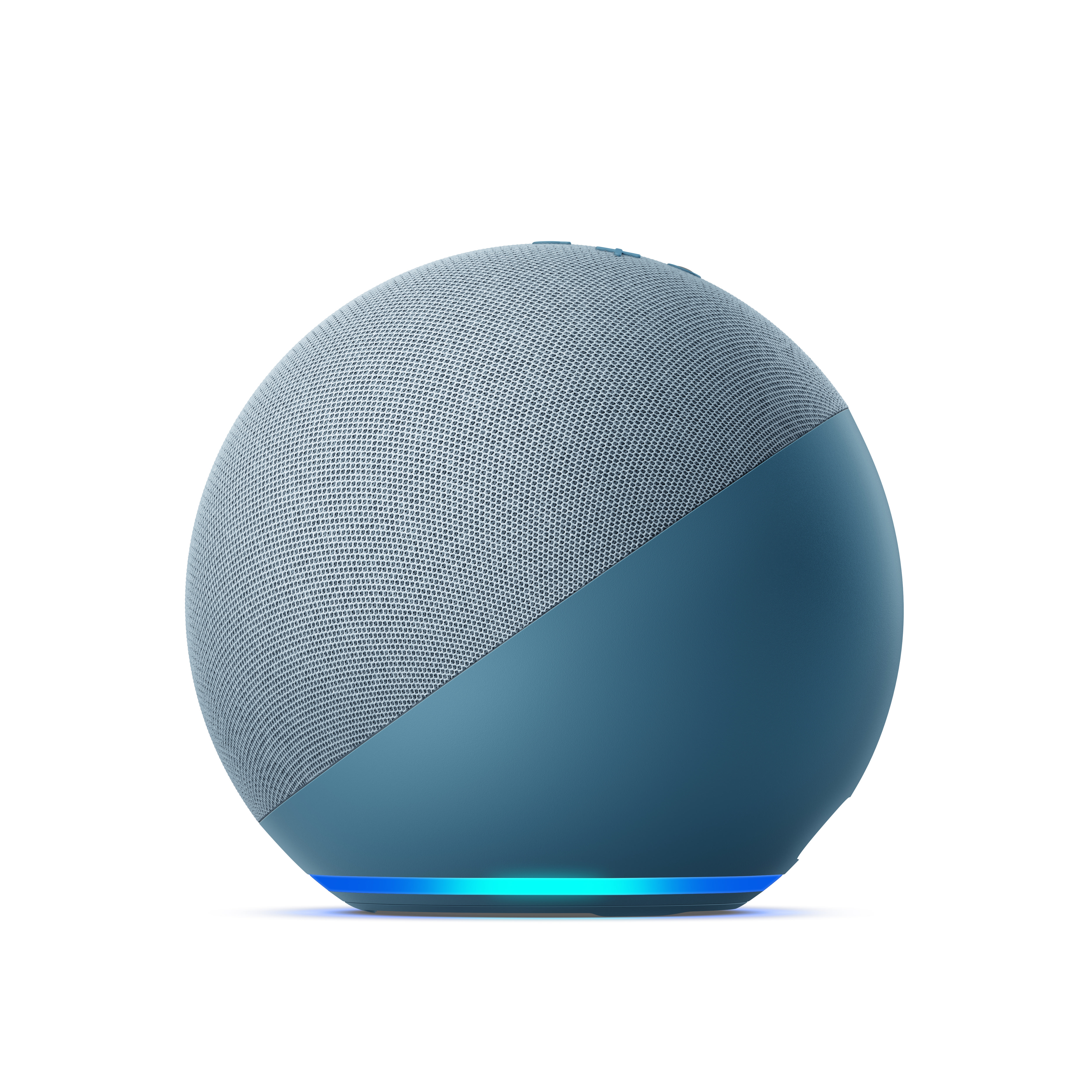 Ein blau-grauer Smart Speaker mit blauem Licht am Boden.