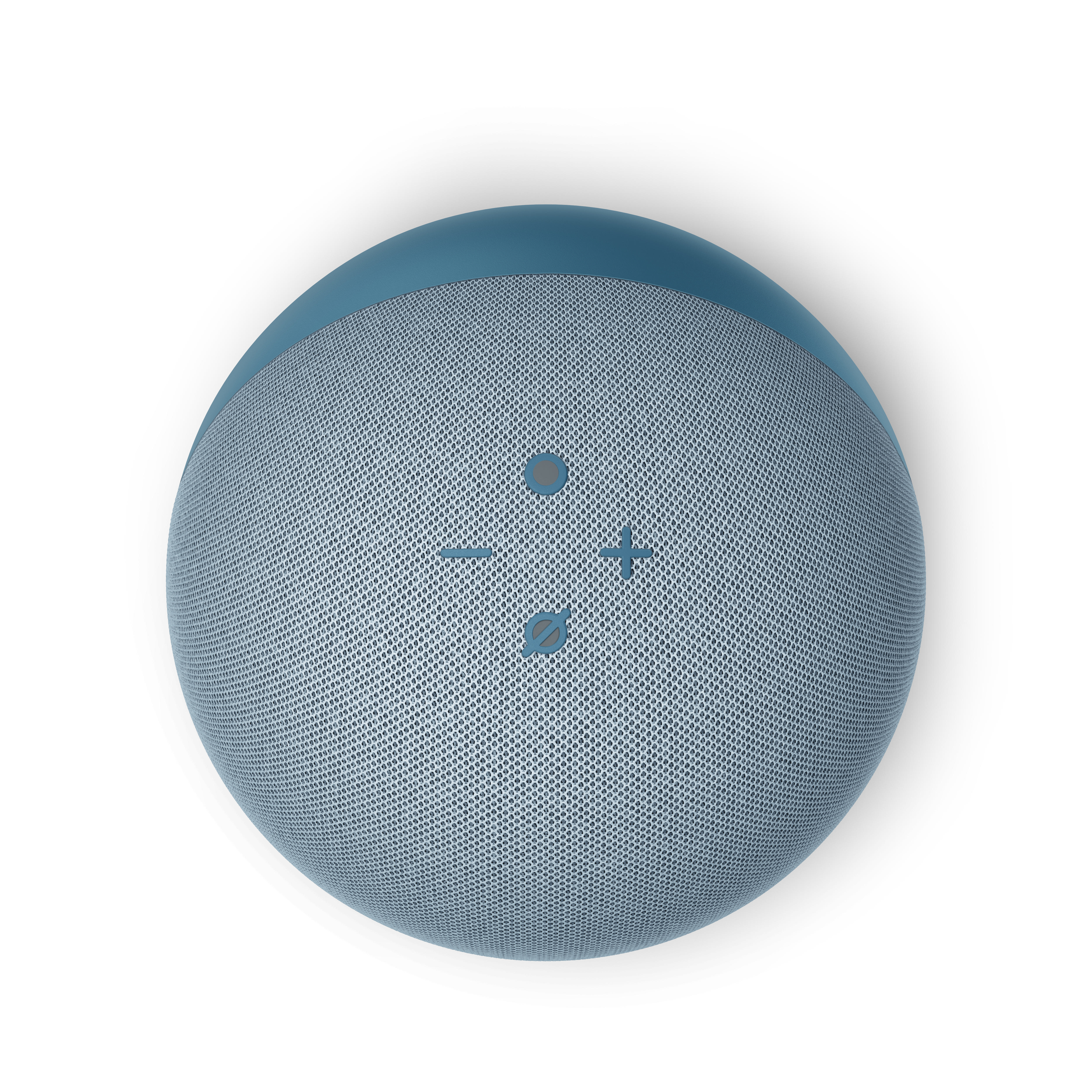 Draufsicht auf einen blauen, kugelförmigen Smart-Lautsprecher mit Bedientasten.