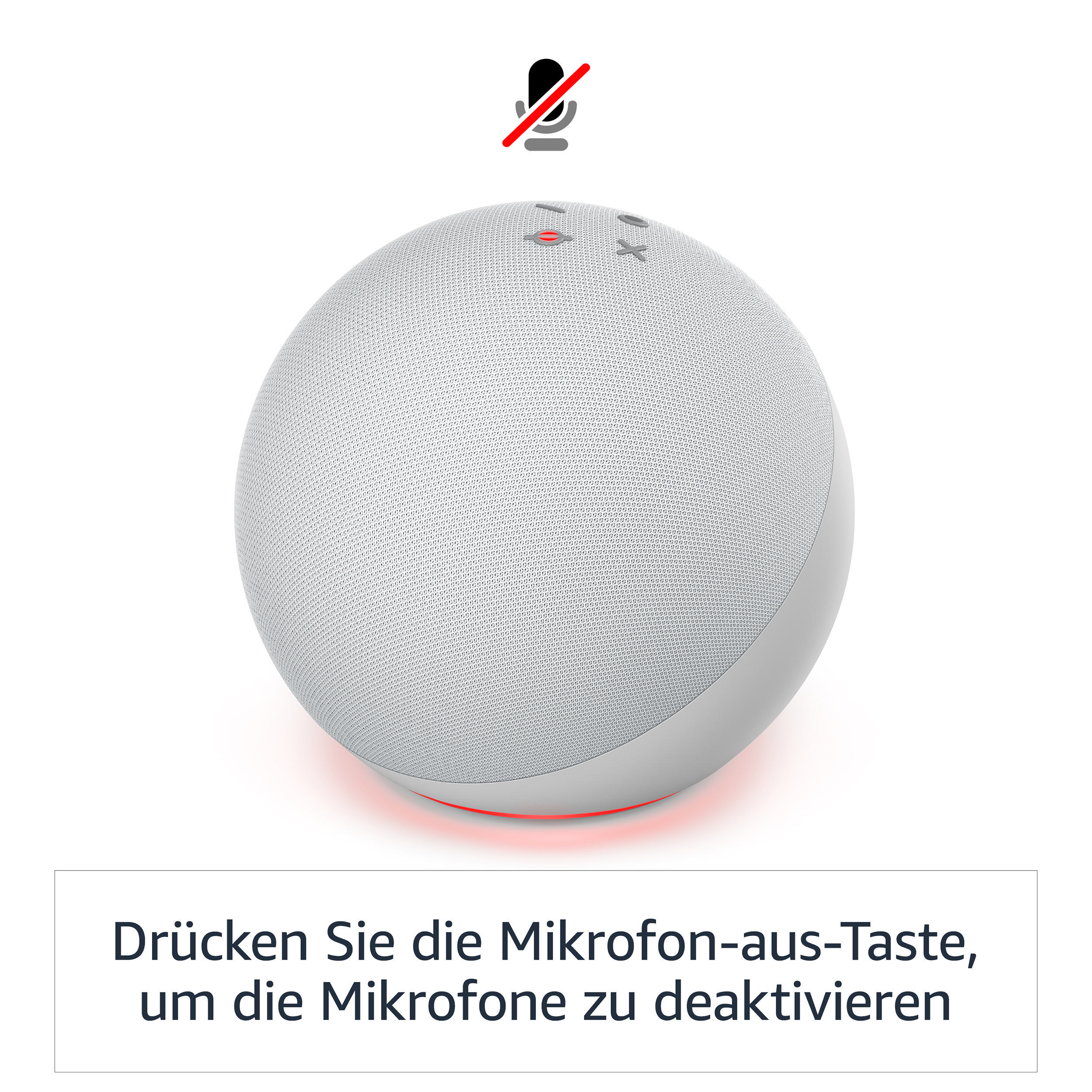 Ein weißer, abgerundeter Amazon Echo-Lautsprecher mit einem Stummschaltungs-Symbol. Die Stummtaste ist aktiviert.