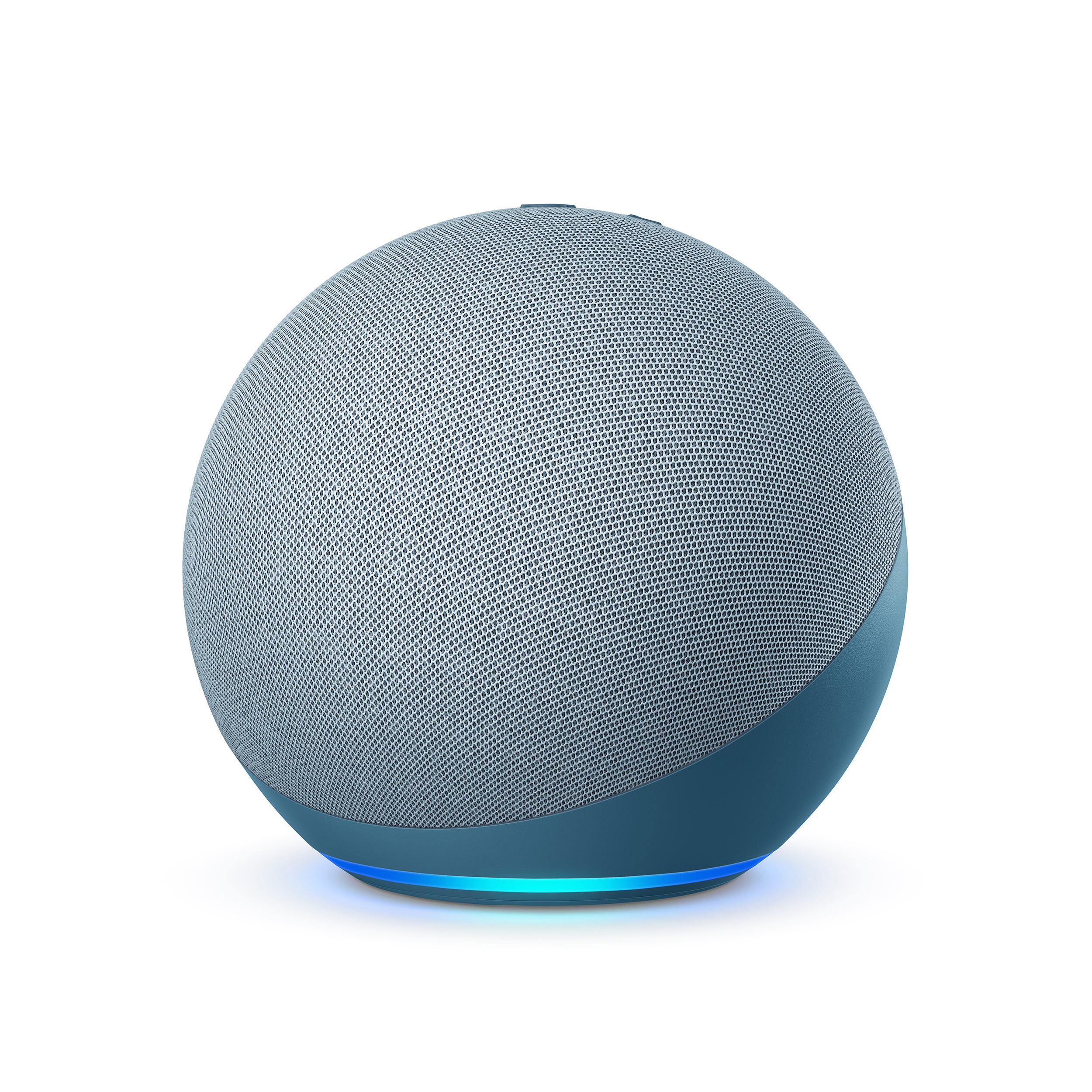 Ein blau-grauer, kugelförmiger intelligenter Lautsprecher mit blauem Licht am Boden.