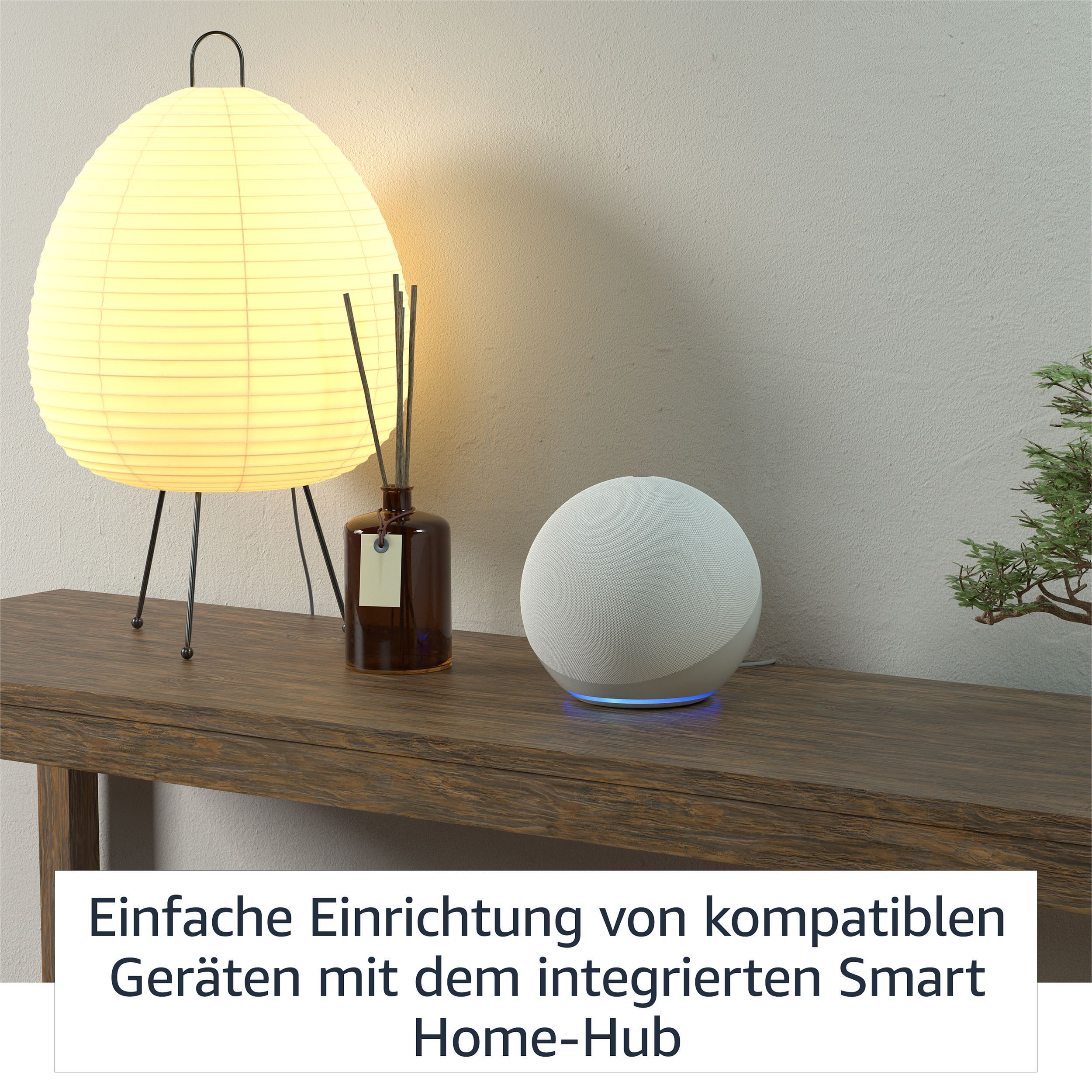 Ein weißer Amazon Echo Dot auf einem Holztisch, in der Nähe einer Lampe und einer Pflanze. Text: 'Einfache Einrichtung mit Smart Home Hub'.