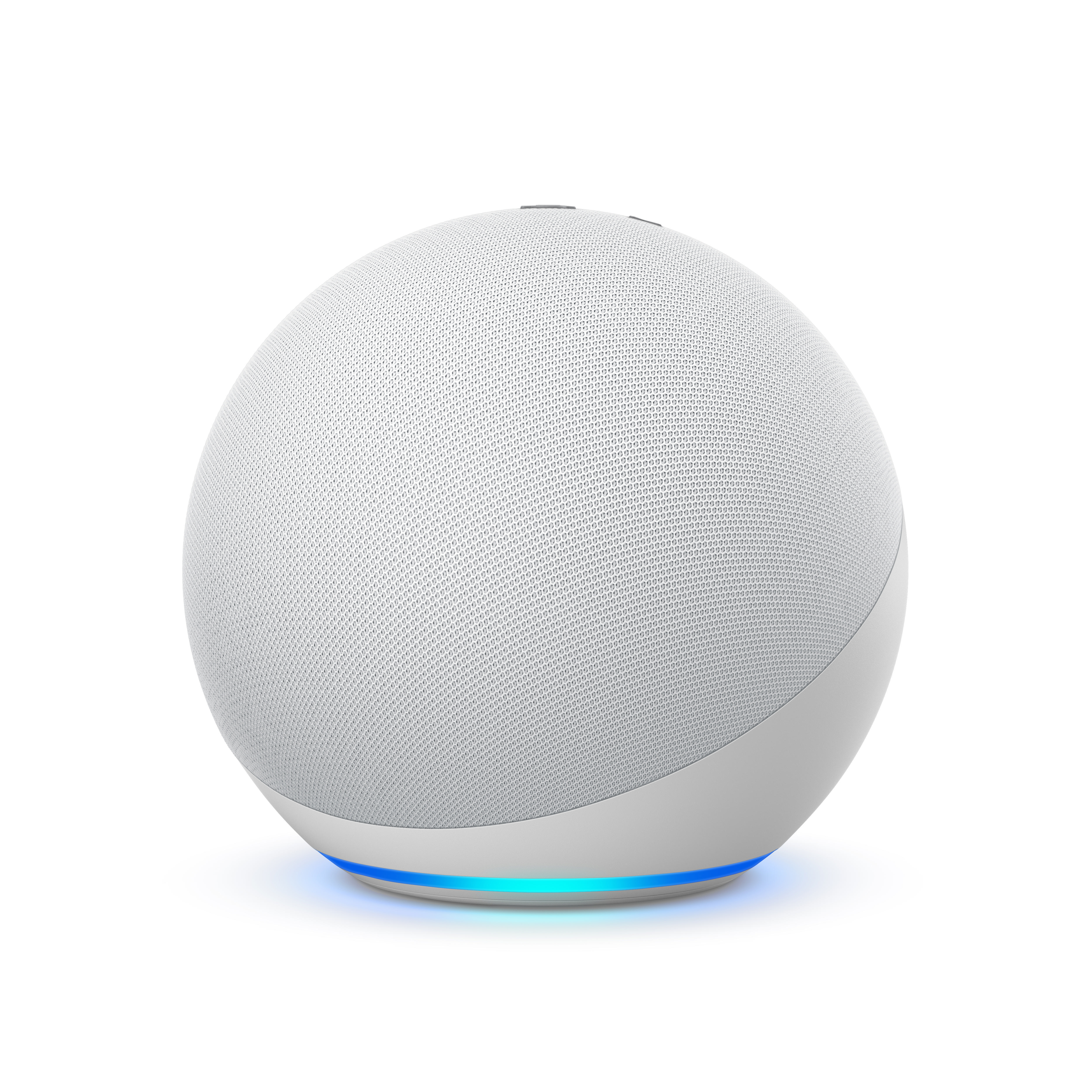Weißer, kugelförmiger Echo Dot mit blauem Basislicht. Auf weißer Oberfläche.