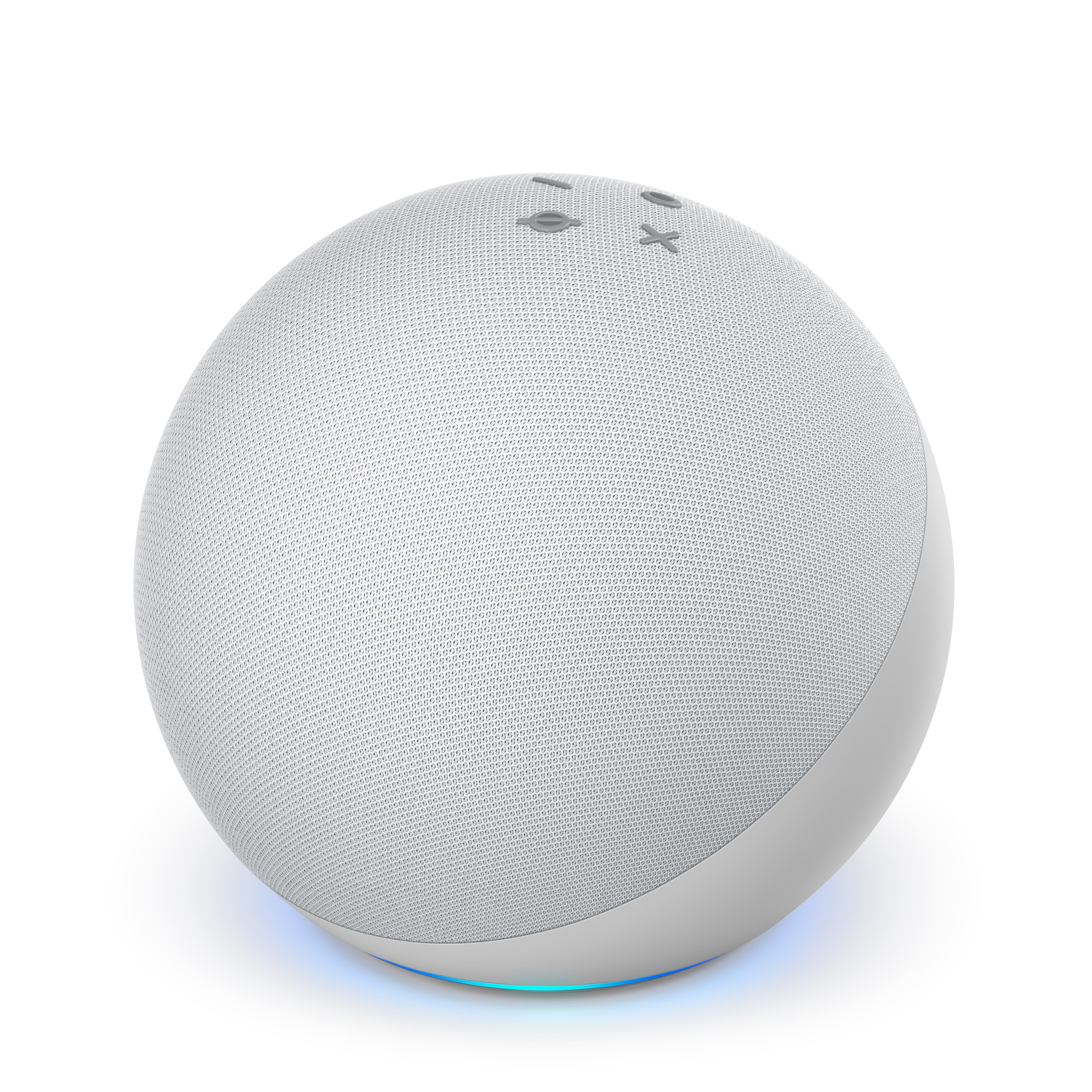 Weißer, kugelförmiger Smart Speaker mit Bedientasten oben und blau-grünem Licht unten.