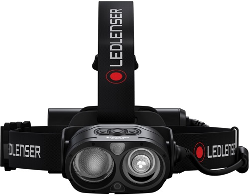 Egy fekete fejlámpa két lámpával és fejpánttal. LEDLENSER felirat van rajta.