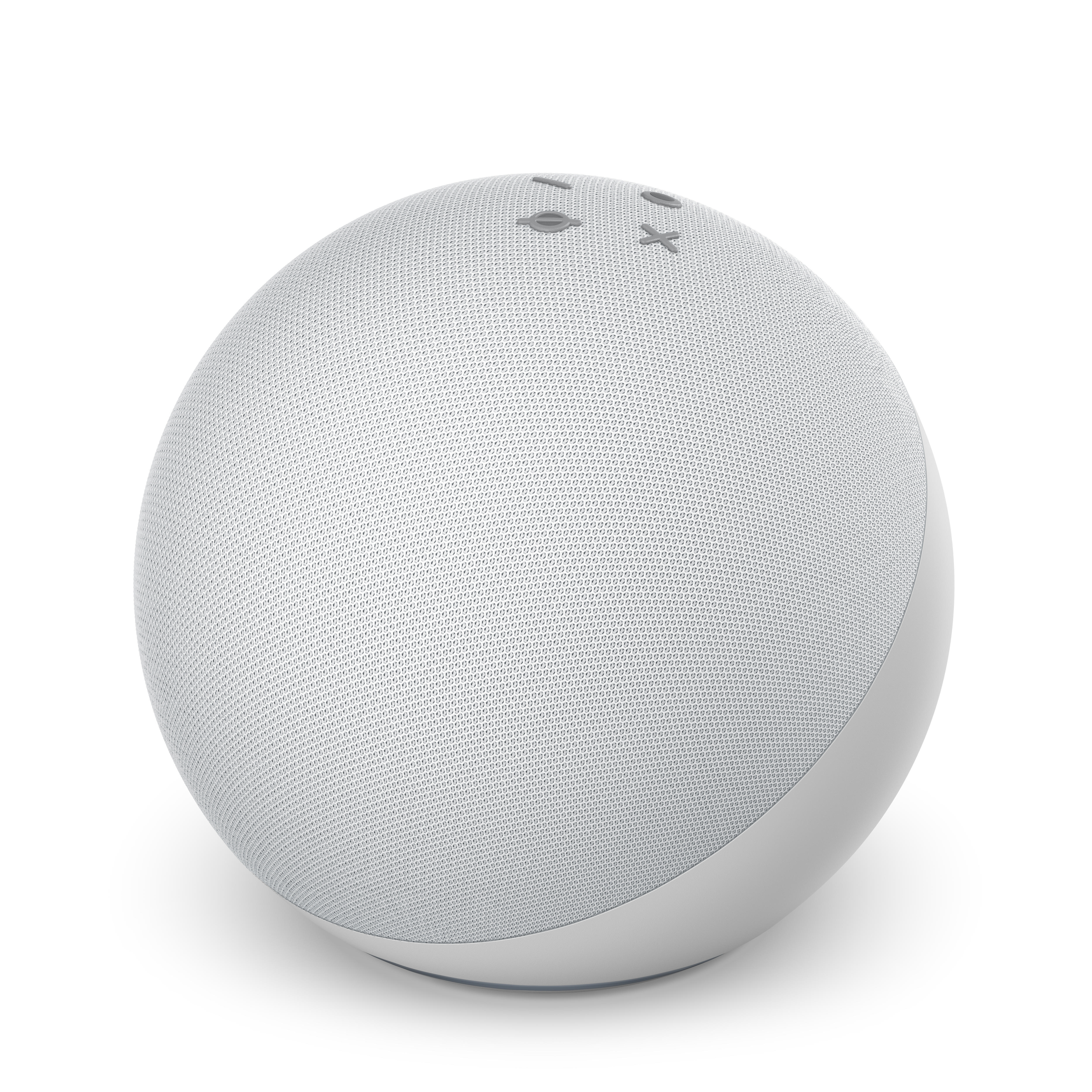 Weißer kugelförmiger Smart Speaker mit Bedientasten auf der Oberseite.