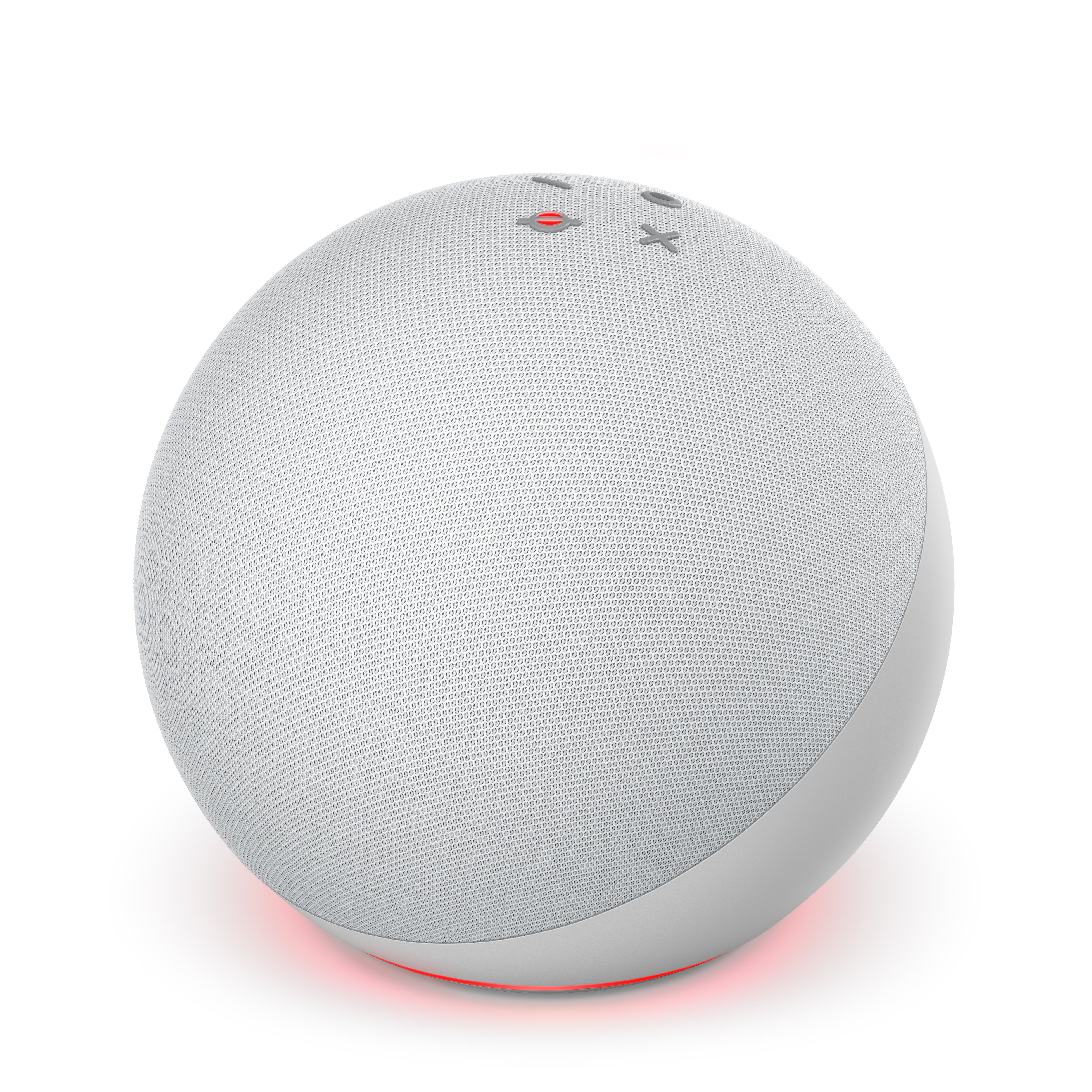 Ein weißer Smart Speaker mit roten und weißen Lichtern um den Boden und Knöpfen oben.