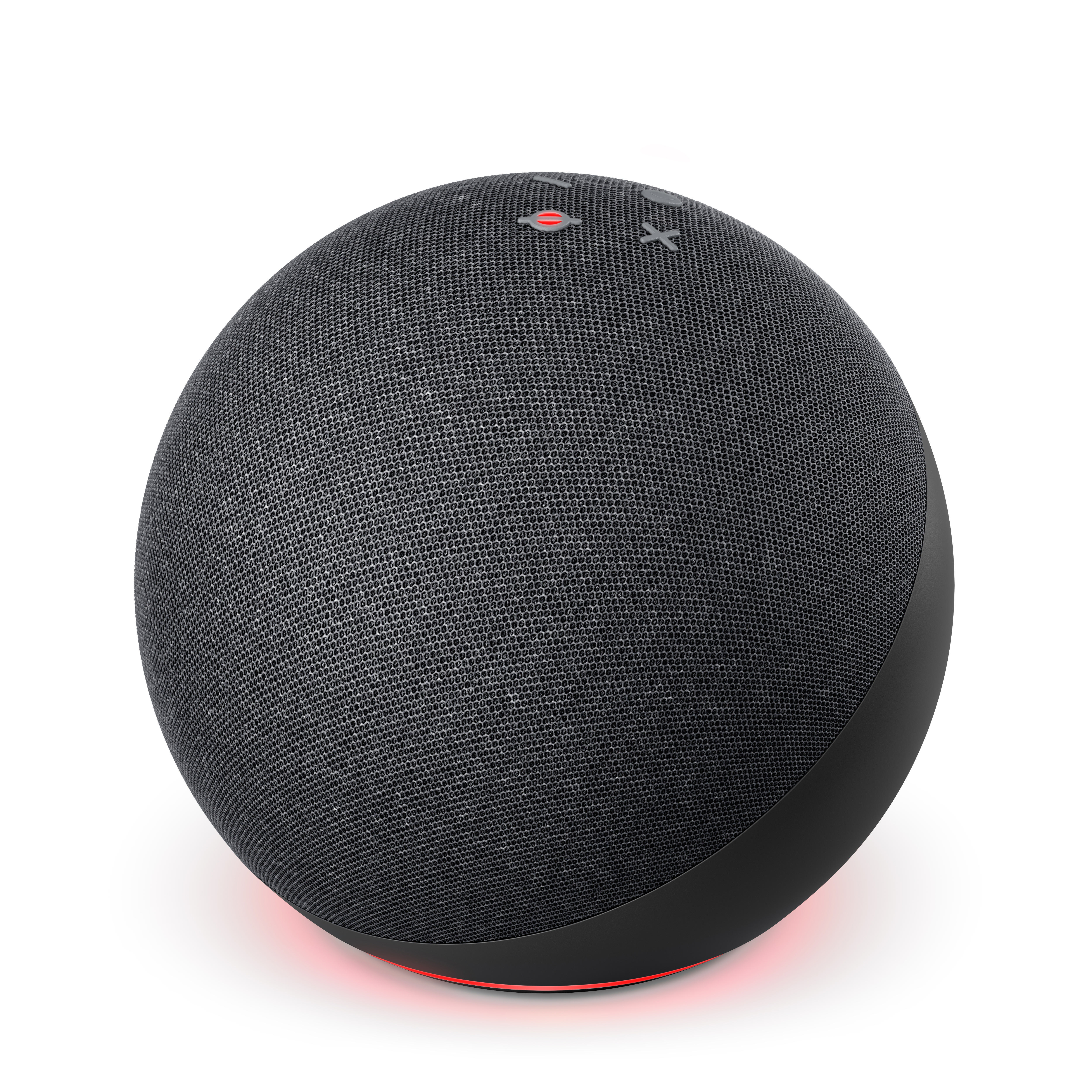 Schwarzer und grauer kugelförmiger Amazon Echo Dot mit rotem Lichtring am Boden, weißer Hintergrund.